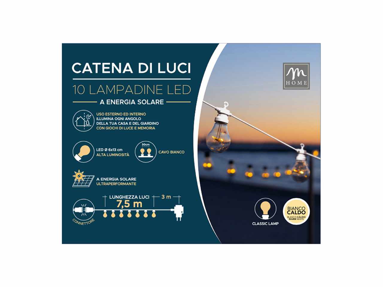 Luce solare 10 lampadine bianco caldo con giochi di luci e memoria 7.5m in scatola regalo
