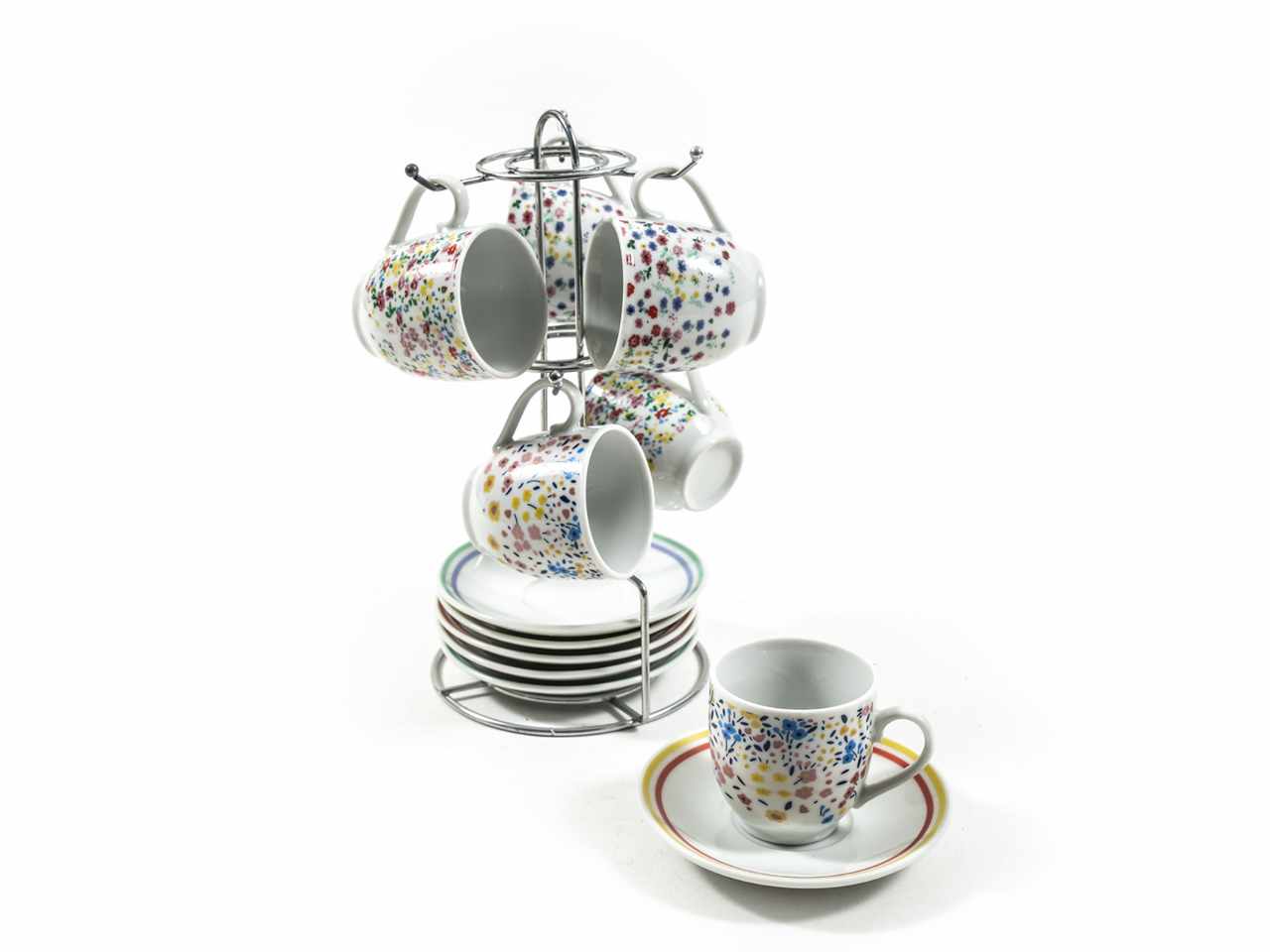 tazzine in porcellana in set da 6 con piattino e supporto in acciaio 90ml 14.6x12.5xh.24cm