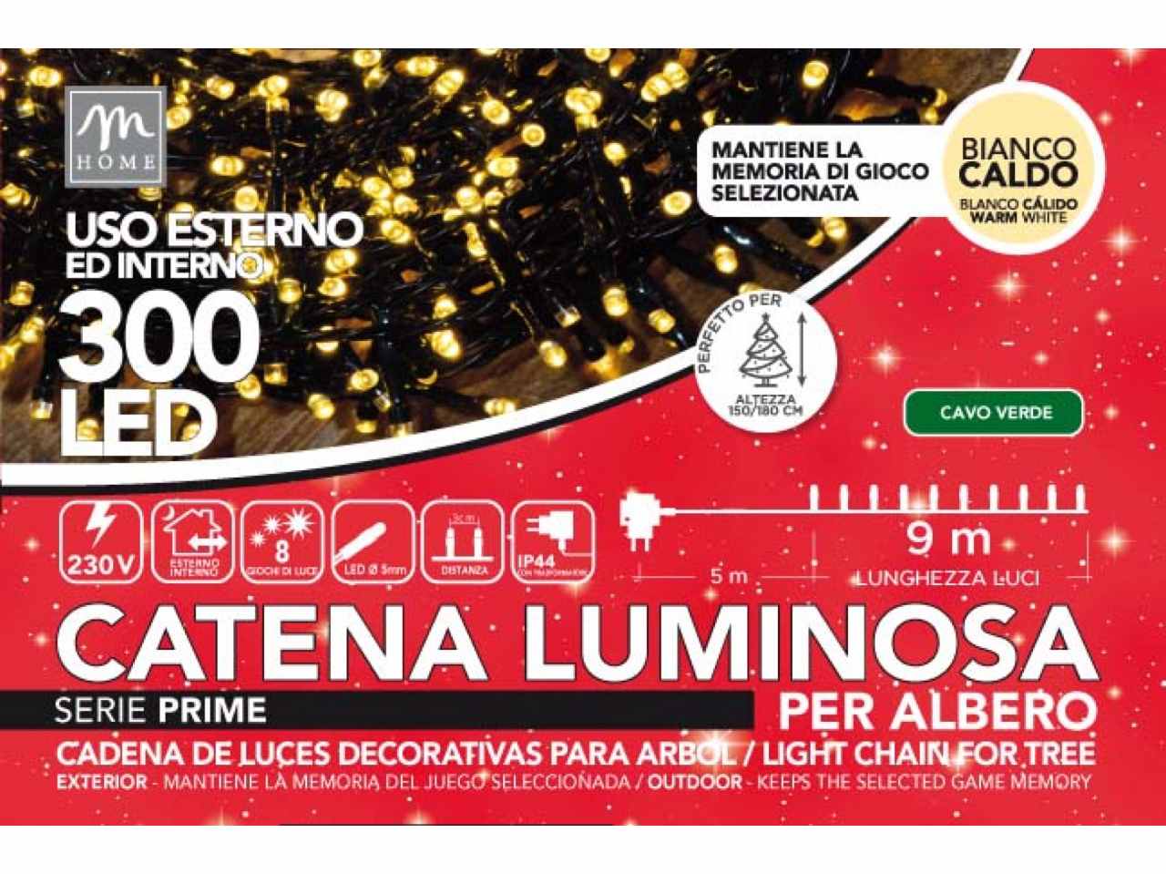 Catena luminosa 300 led colore bianco caldo 8 giochi da esterno 14m