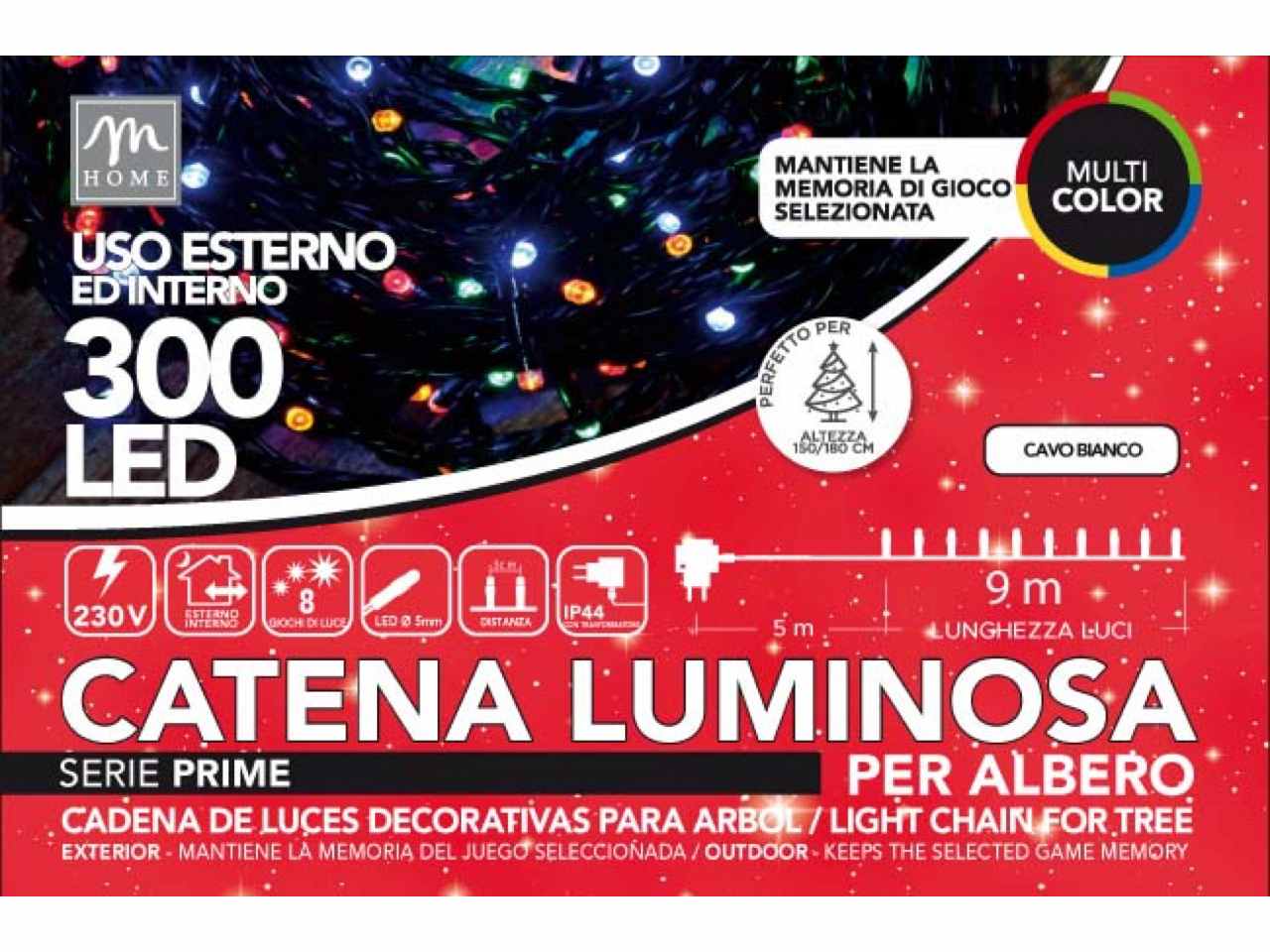 Catena luminosa 300 led multicolore su filo bianco 8 giochi da esterno lunghezza 14m