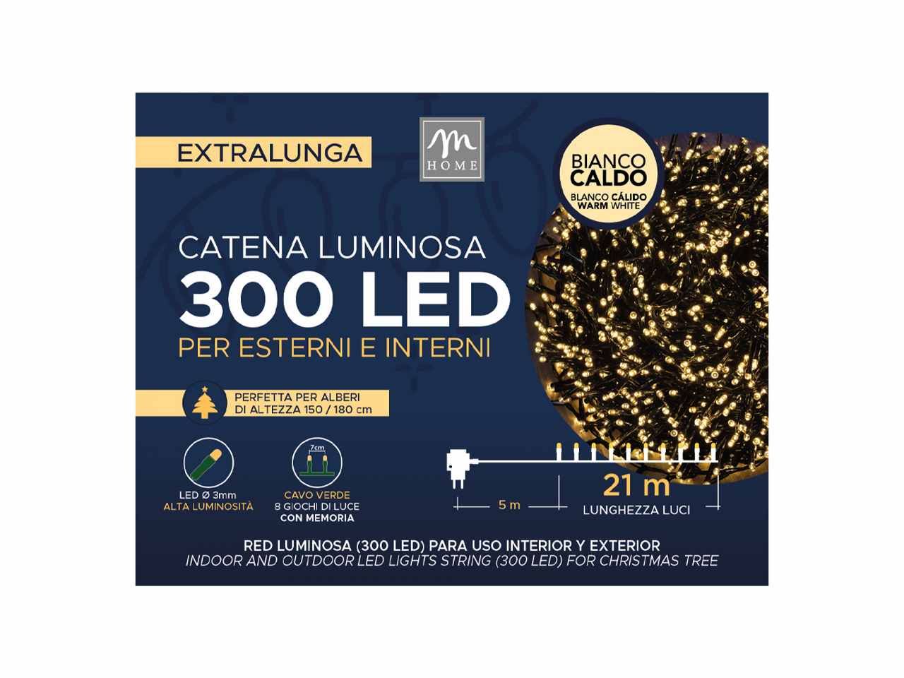 Catena luminosa 300 led colore bianco caldo 8 giochi da esterno 26m in scatola