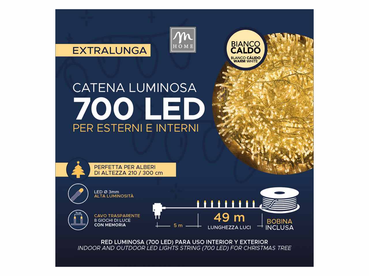 Catena luminosa 700 led colore bianco caldo 8 giochi da esterno 54m con ruota in scatola