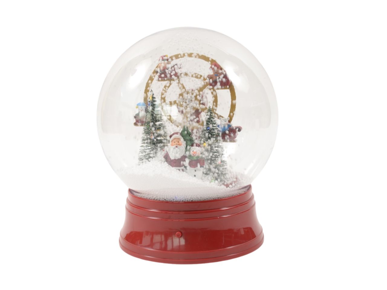 Palla di neve rossa "snowflakes" con giostre in movimento neve luci e music