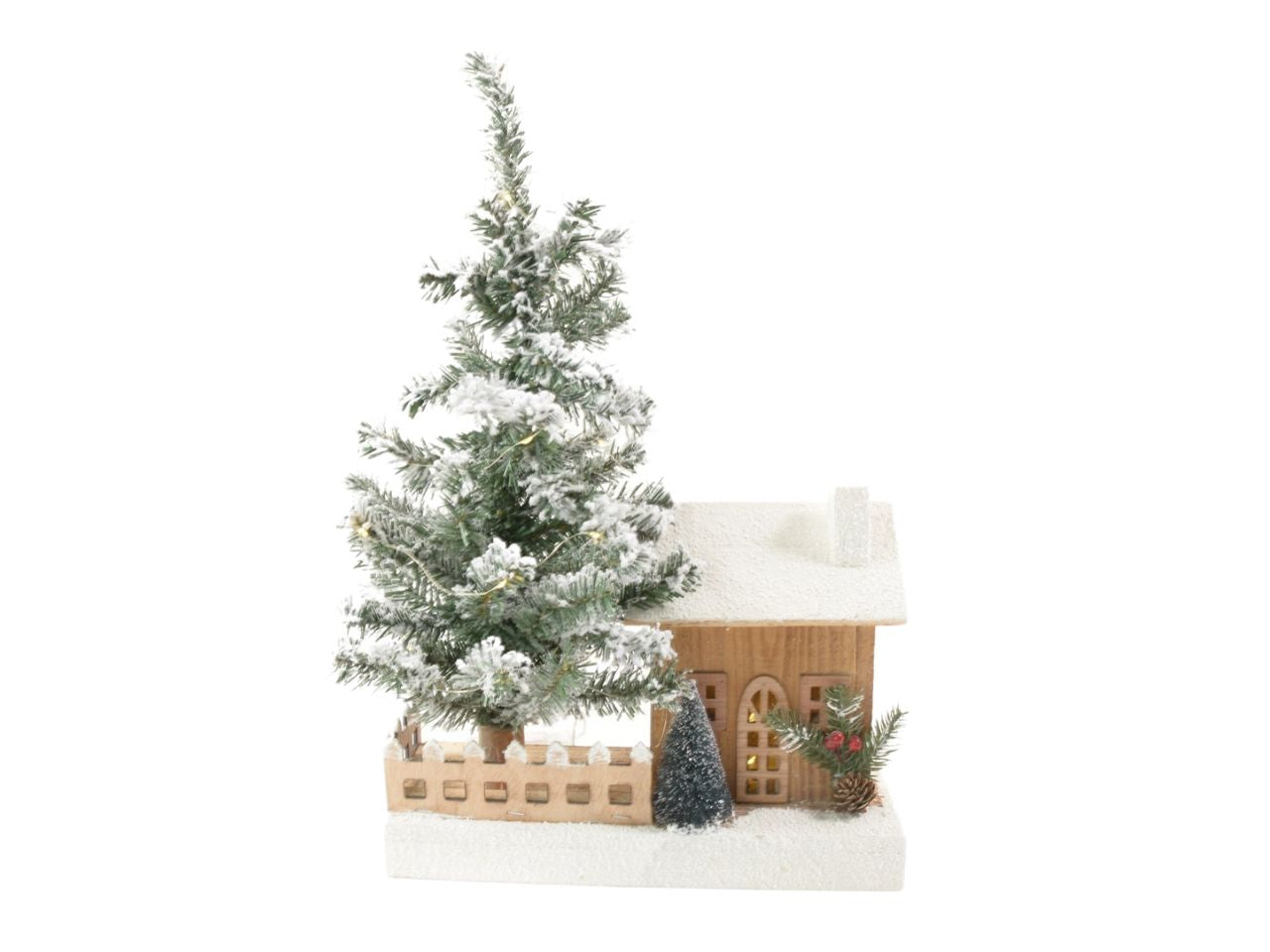 Albero innevato e luci led h.49x30x12cm con casetta legno