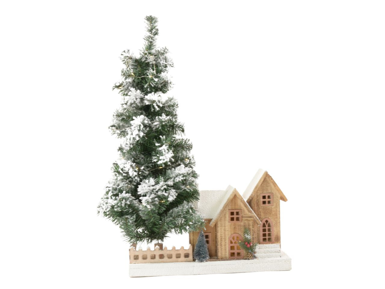 Albero innevato e luci led h.80x47x12cm con casetta legno