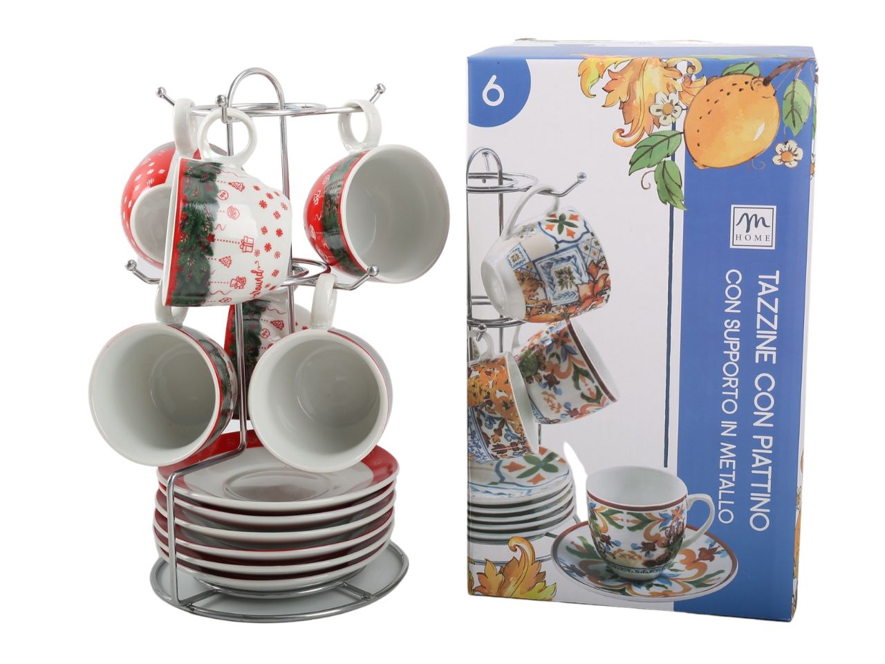 set 6 tazzine in porcellana con piattino "merry christmas" e supporto in ac