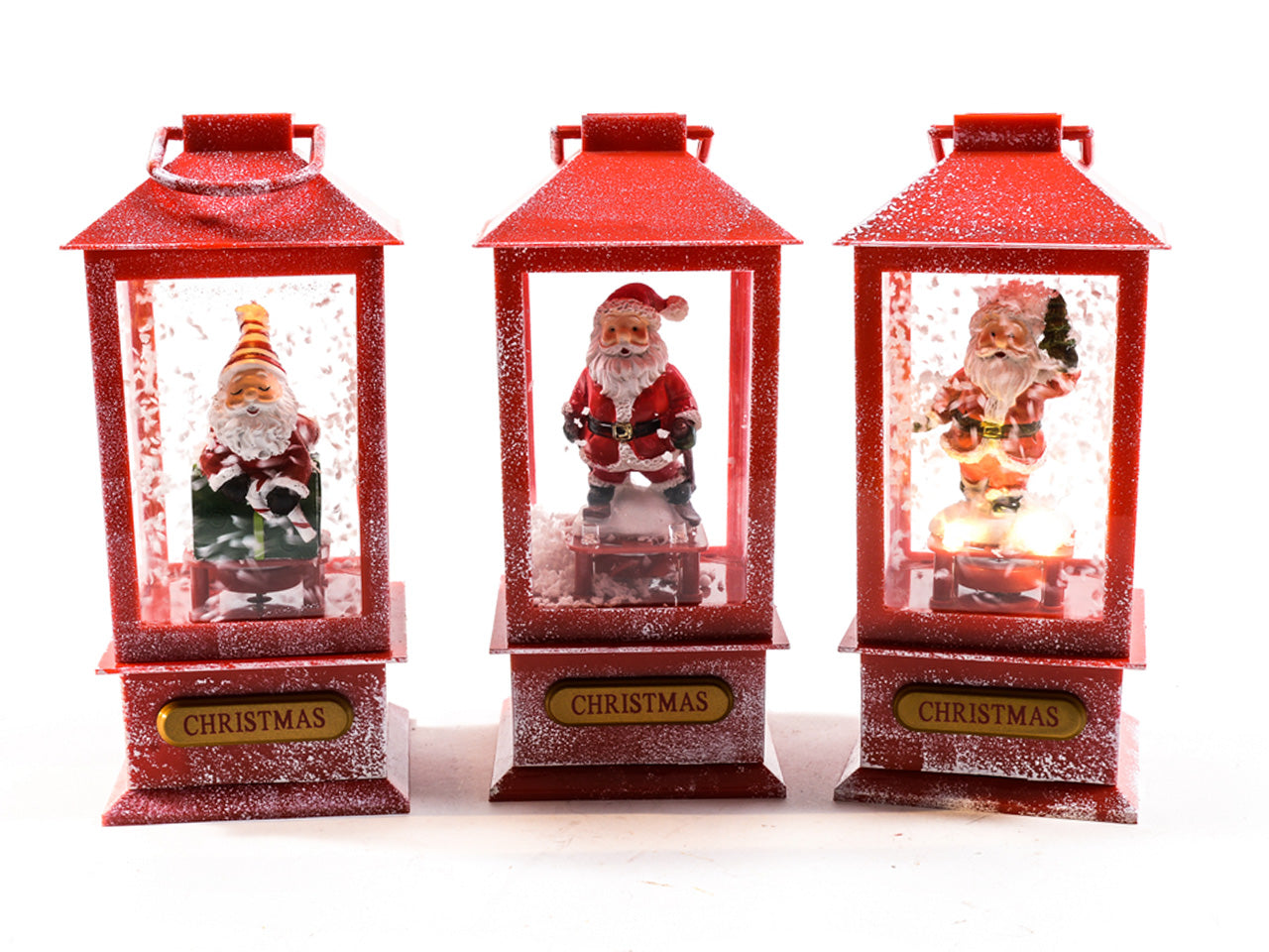 Lanterna natalizia rossa innevata con neve luci e musica misura 9x9xh.19,5cm assortita