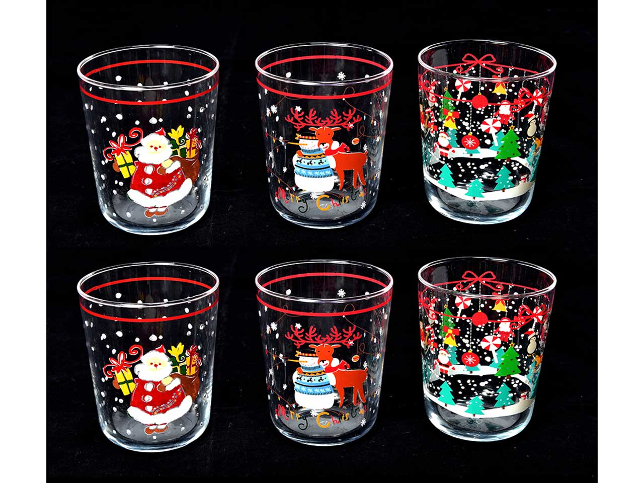 Bicchieri vetro christmas soft per acqua 315cc - in set da 6 bicchieri colori assortiti in  scatola regalo misura d.8cmxh.9,5cm