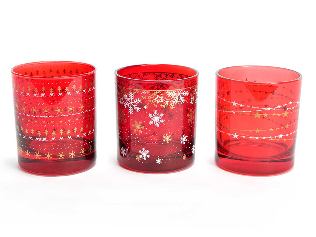 Bicchieri in vetro royal red stars - in set da 6 bicchieri misura d.8,3xh.9cm 300cc colori assortiti in scatola regalo