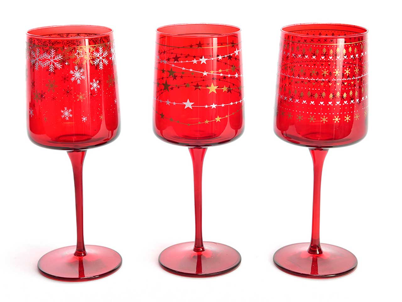 Calici in vetro elegant red stars - in set da 6 calici misura d.7cmxh.20cm 320cc colori assortiti in scatola regalo