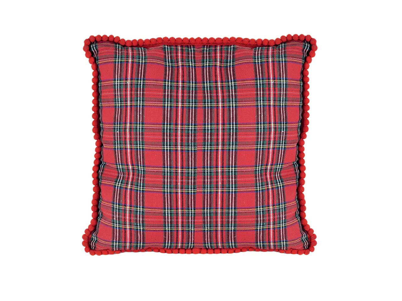 Cuscino quadrato tartan imbottito con pon pom 40x40cm