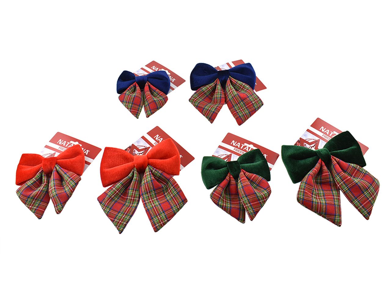 Fiocco natalizio natalizio imbottito 2 misure assortite 13 e 16cm fantasia scozzese in 2 assortimeti