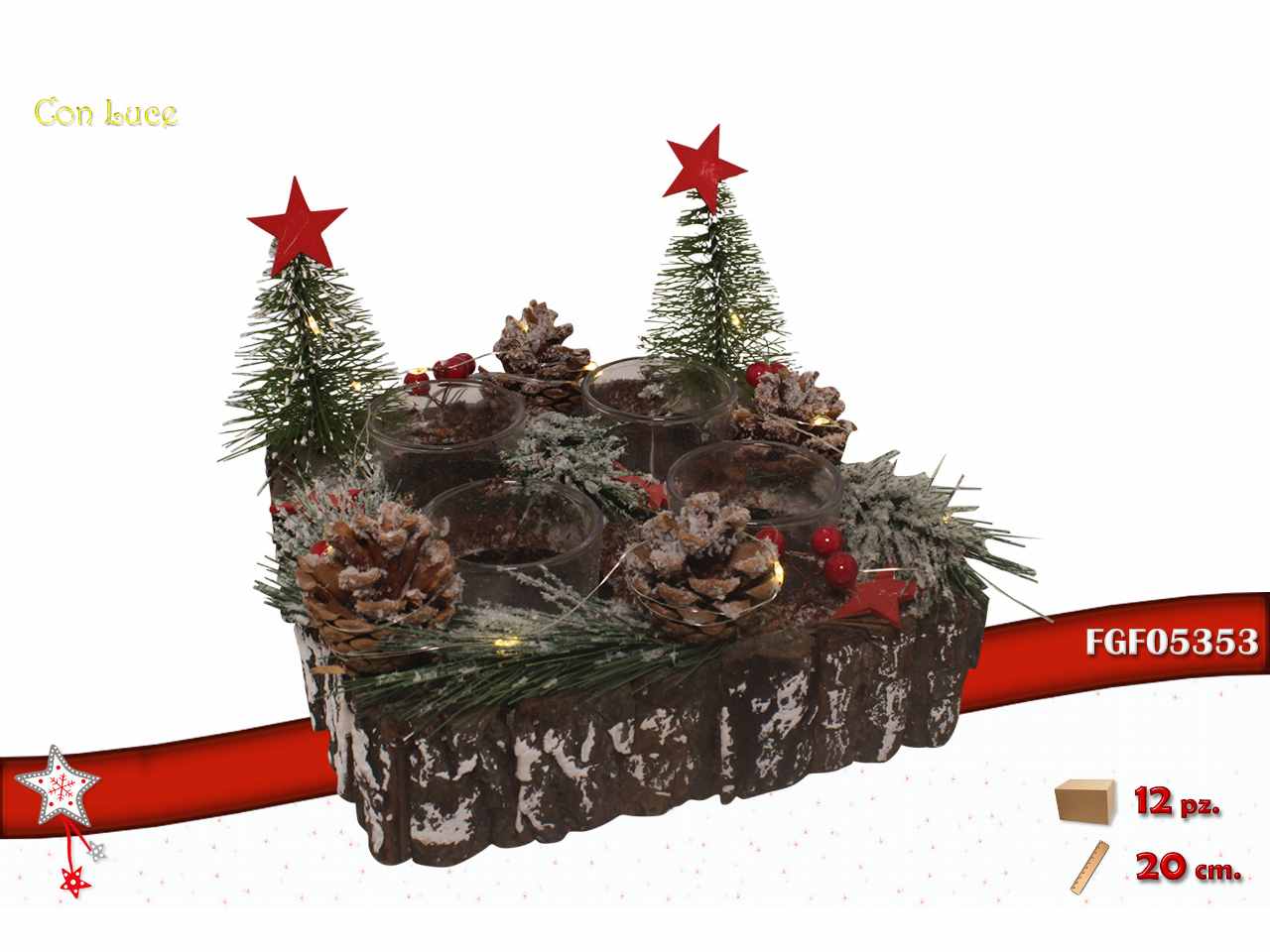 Portacandela in legno quadrato c/led naturale  20x20cm