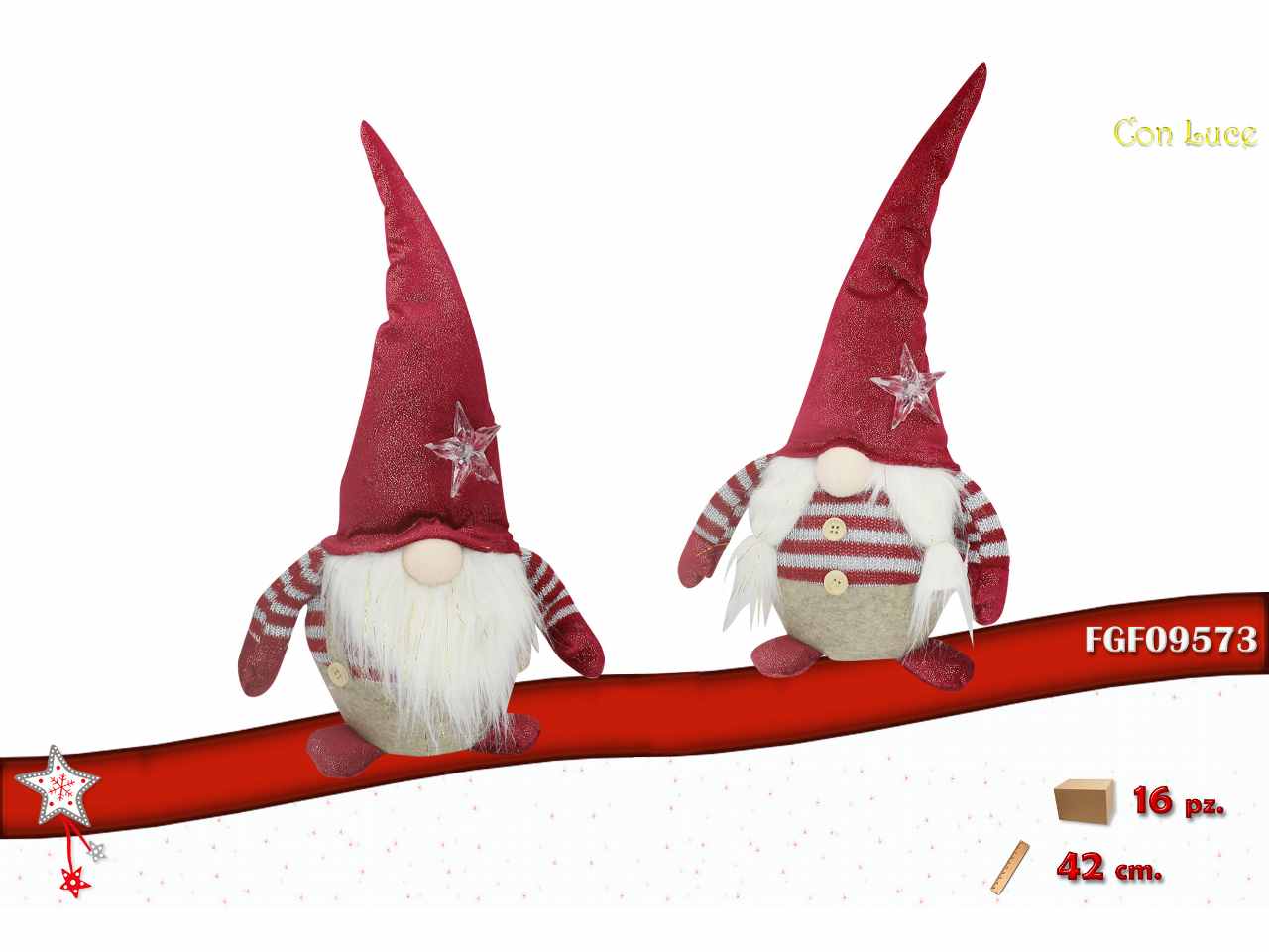 Gnomo in tessuto con led rosso 42cm