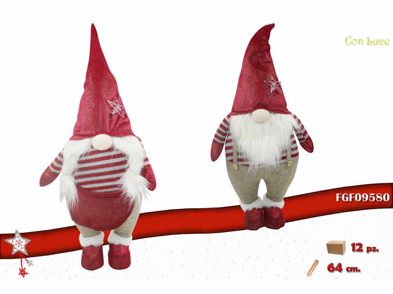 Gnomo in tessuto con led rosso 64cm