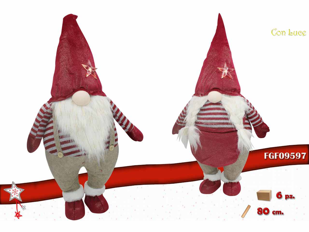 Gnomo in tessuto con led rosso 80cm