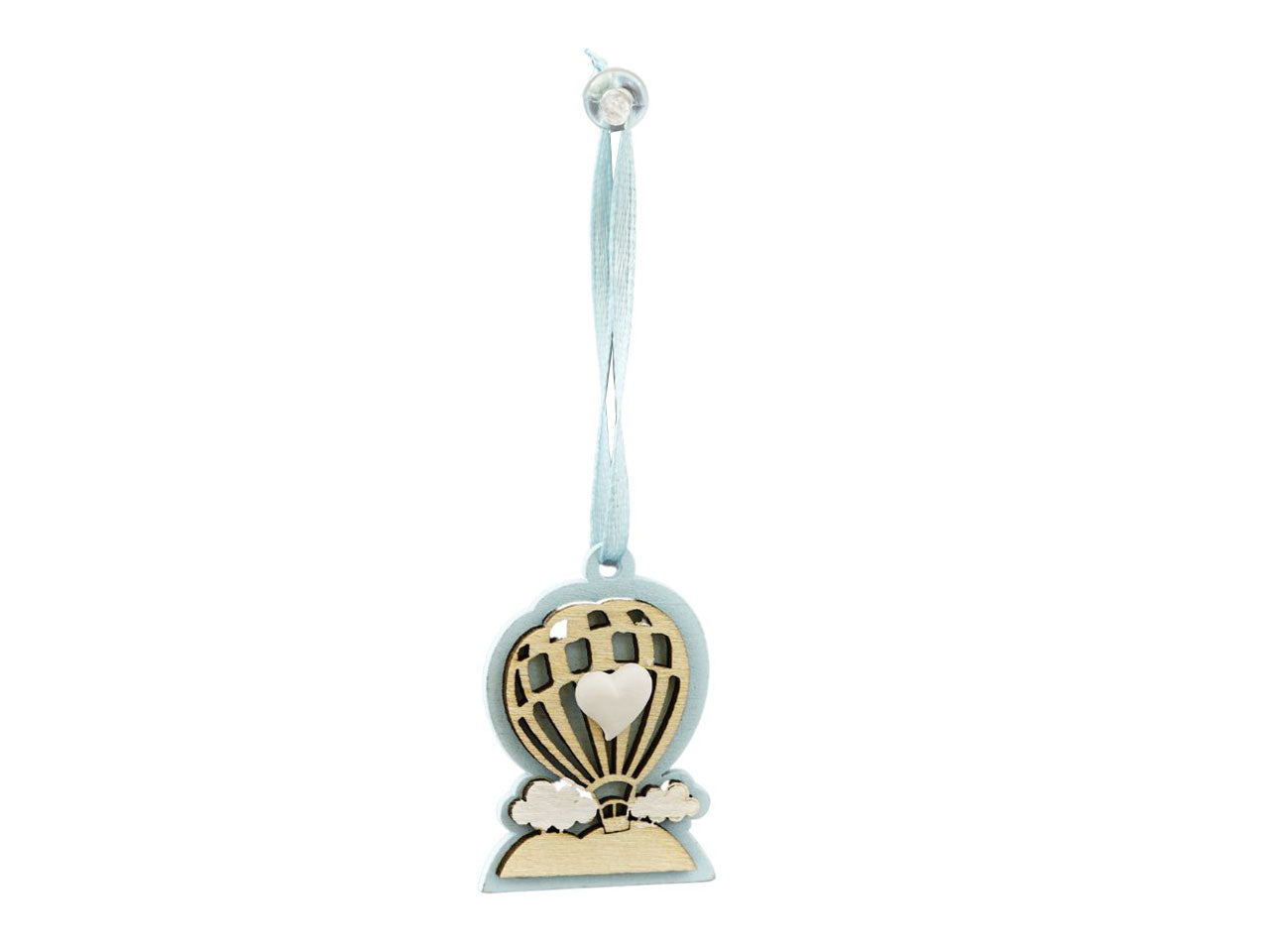 Appendino mongolfiera in legno celeste e cuore in gesso
