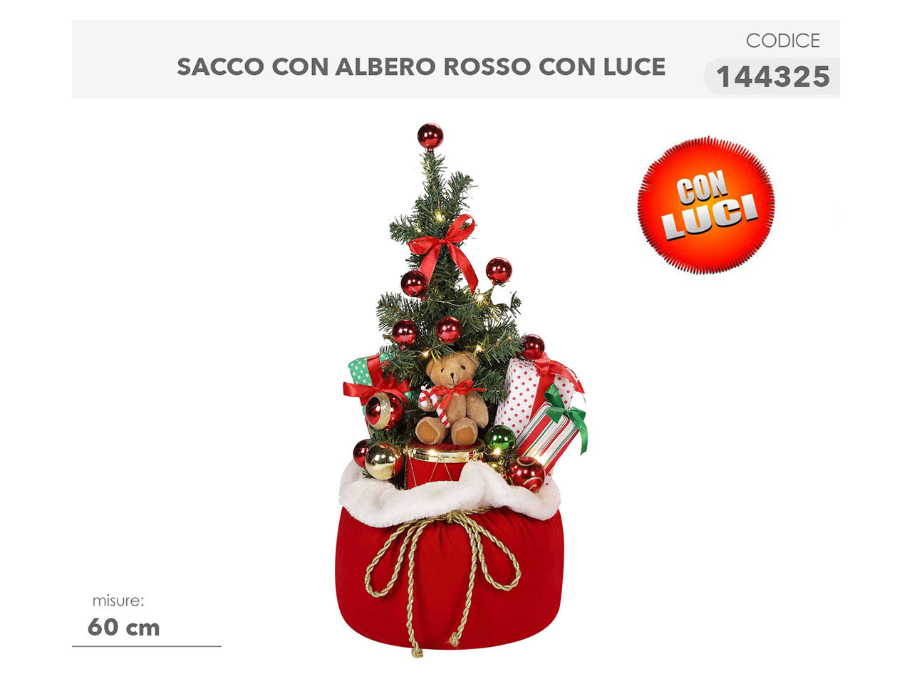 sacco rosso con albero e luci 60cm