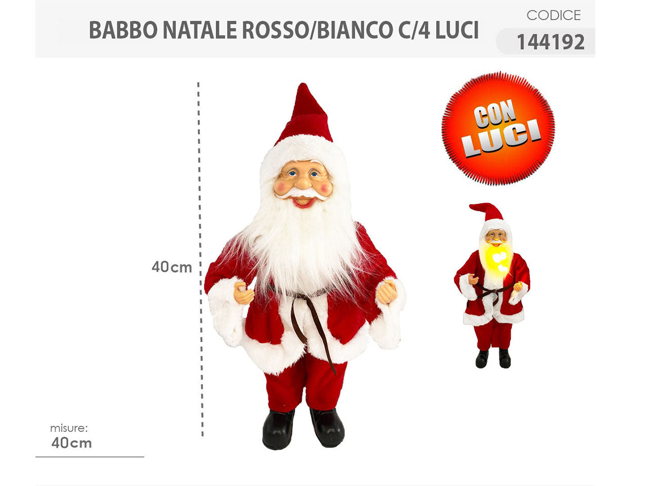Babbo natale 40cm rosso bianco con 4luci