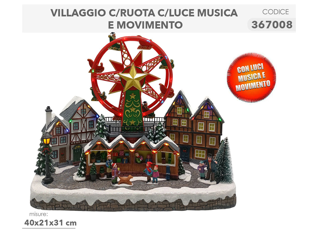 Villaggio con ruota 40x21x31cm luci, musica e carosello
