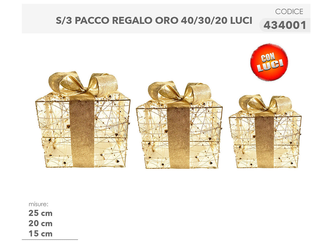 Pacco regalo 3pezzi oro 25/20/15cm e 40/30/20luci