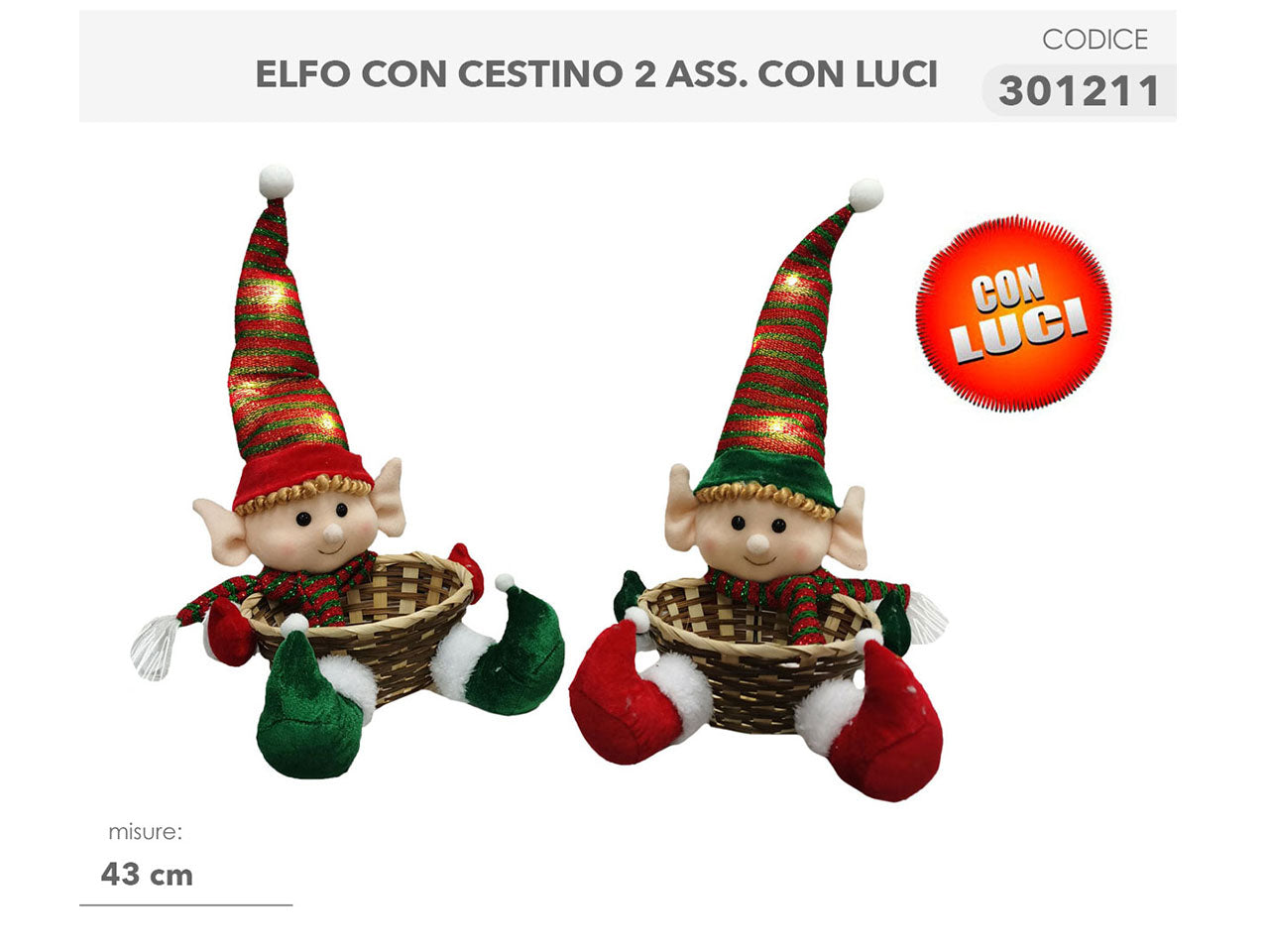 Elfo 43cm con cestino e luci