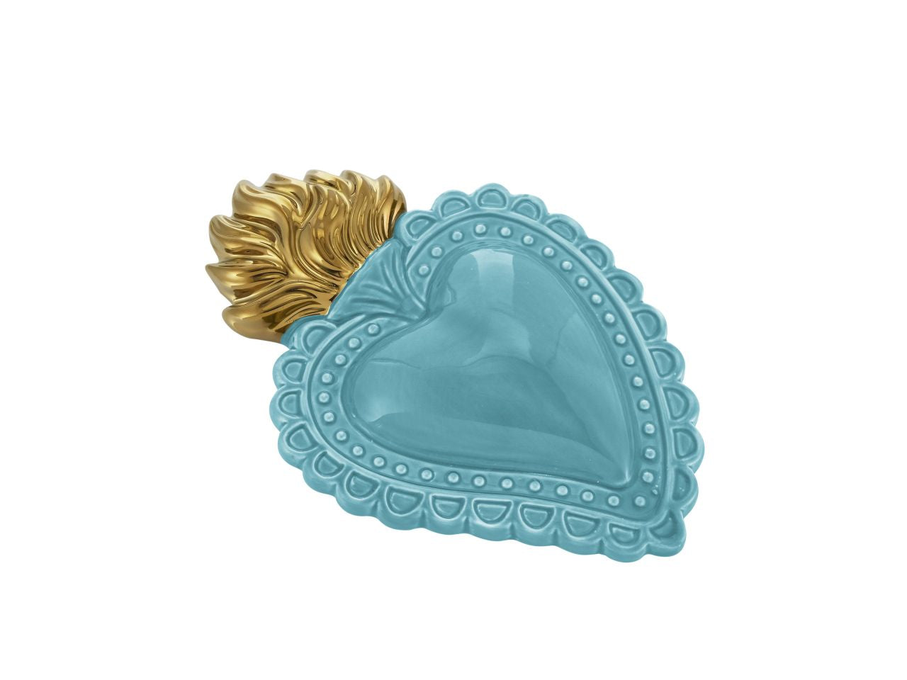 Ex voto cuore turchese fiamme oro decorazione dipinta a mano porcellana