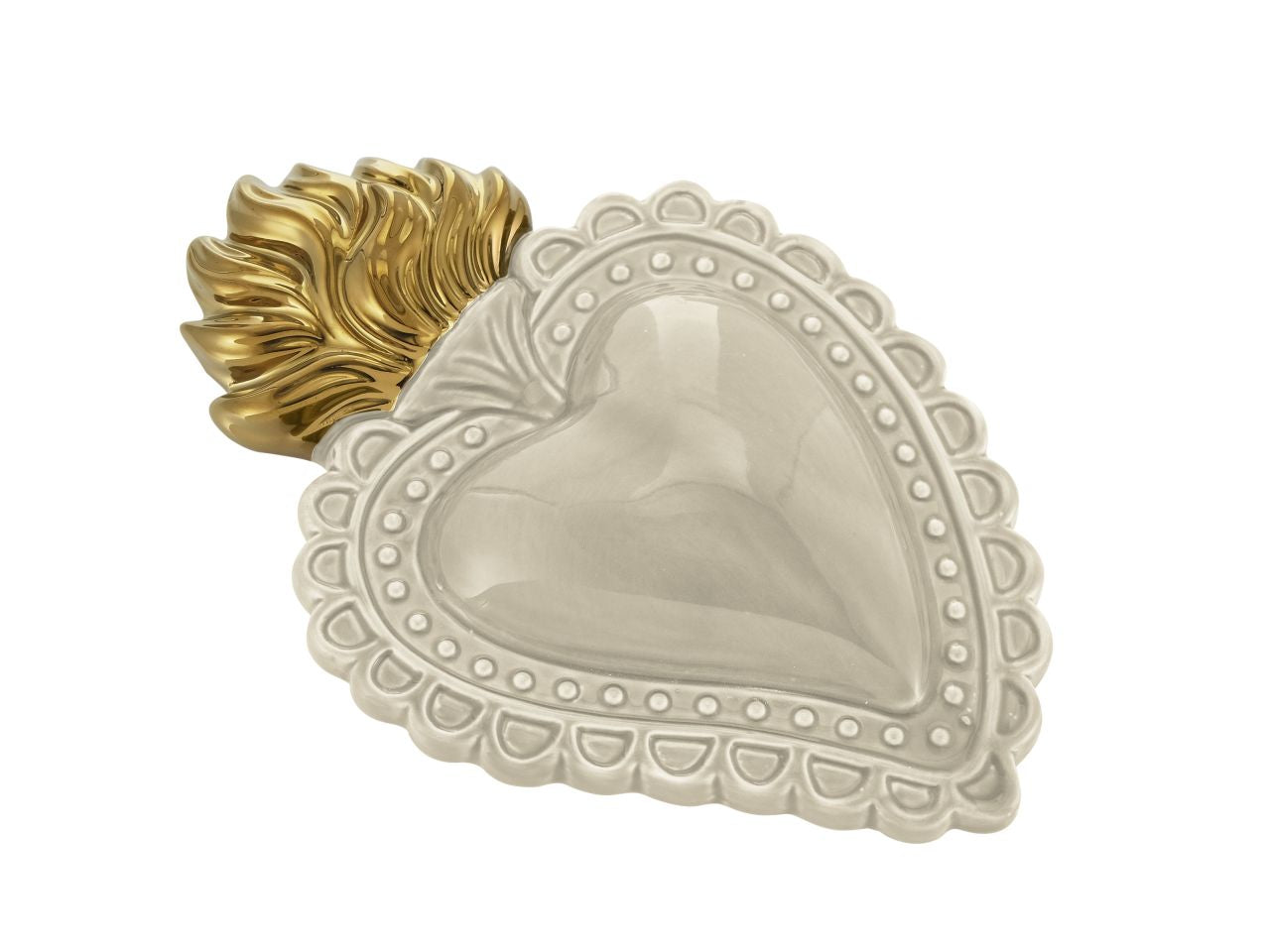 Ex voto cuore panna con fiamme oro e decorazione dipinta a mani
