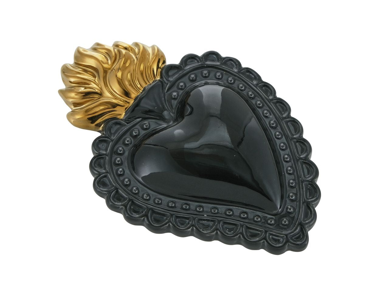 Ex voto cuore nero fiamme oro 21cm decorazione dipinta a mano in porcellana