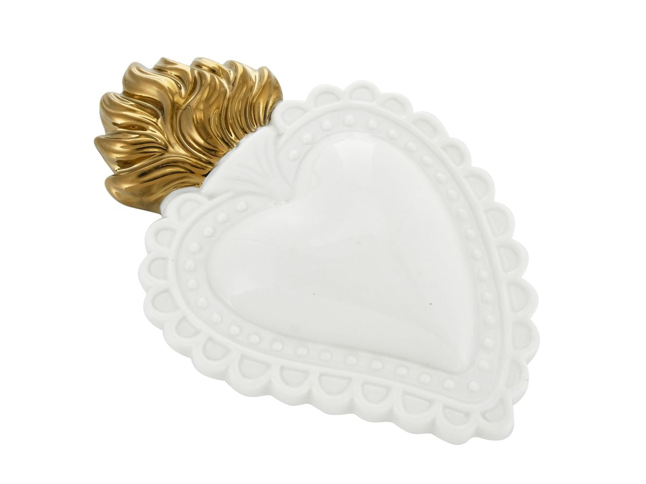Ex voto cuore bianco fiamme oro21cm decorazione dipinta mano in porcellana
