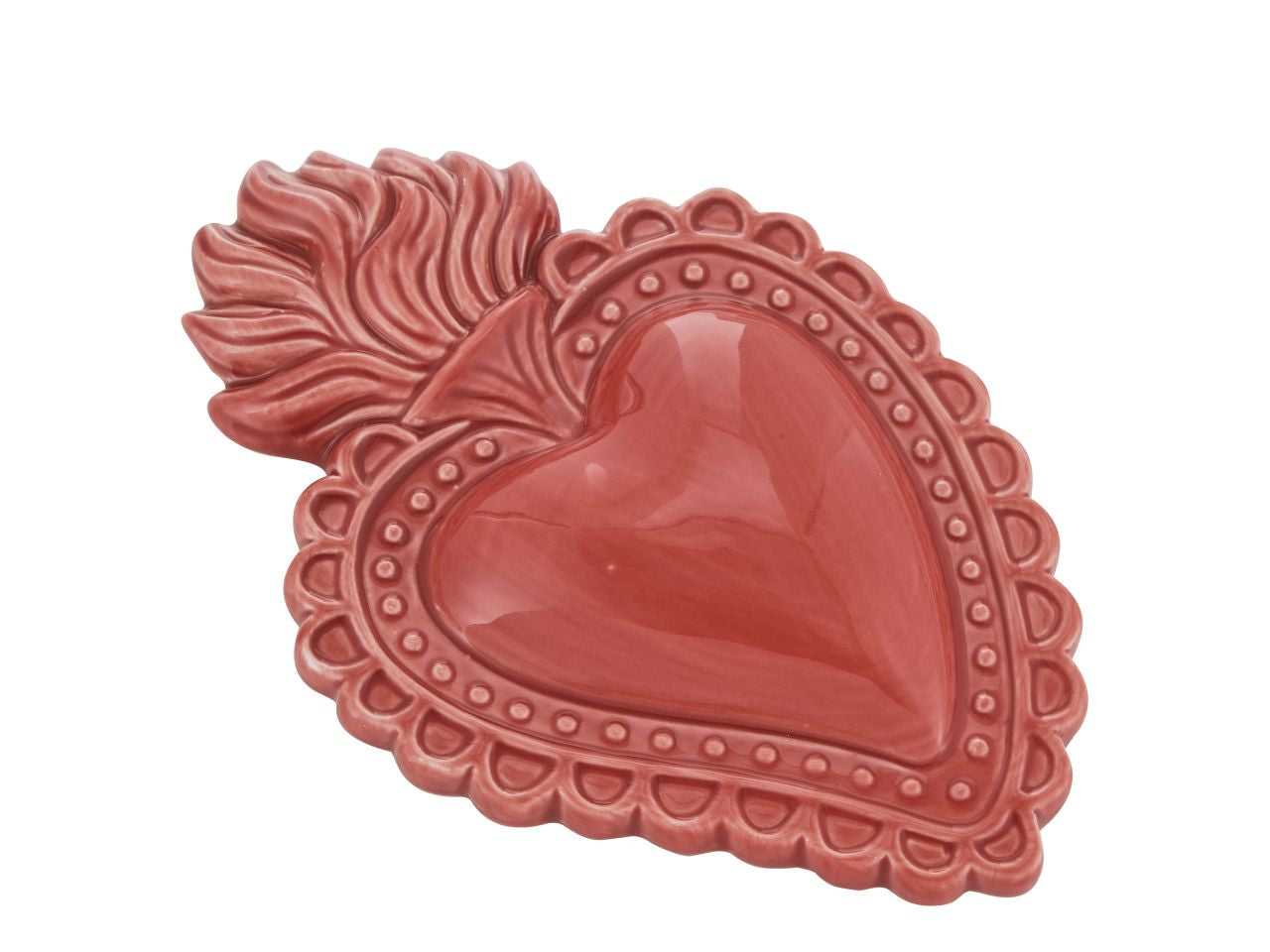 Ex voto cuore e fiamme corallo decorazione dipinta a mano porcellana