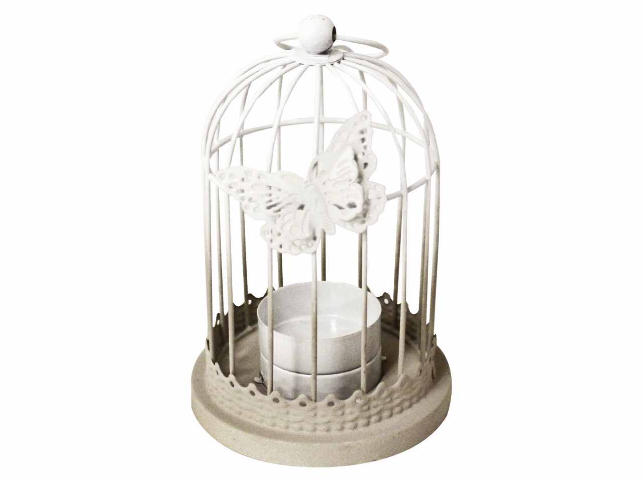 Gabbia in metallo porta t-light, bianca con base tortora , misura articolo: 9x9x14cm