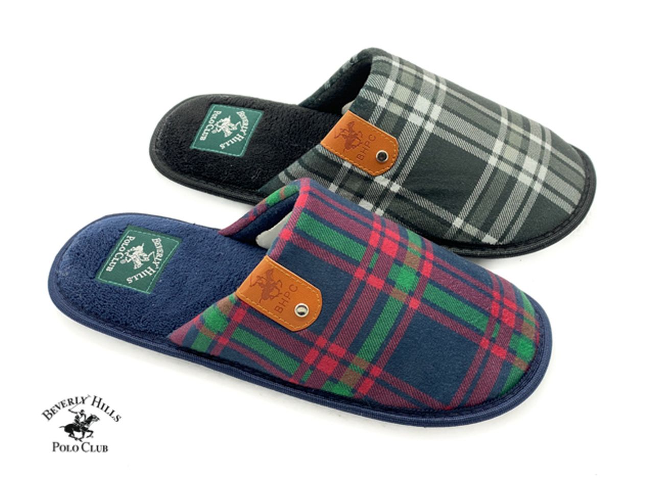 Pantofola da uomo fantasia tartan polo colori assortiti blu e nero in polybag misure dal 40 al 46