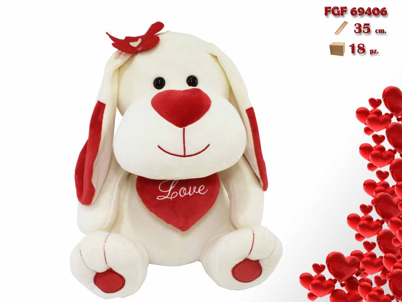 Peluche cane con fiocco e cuore 35cm