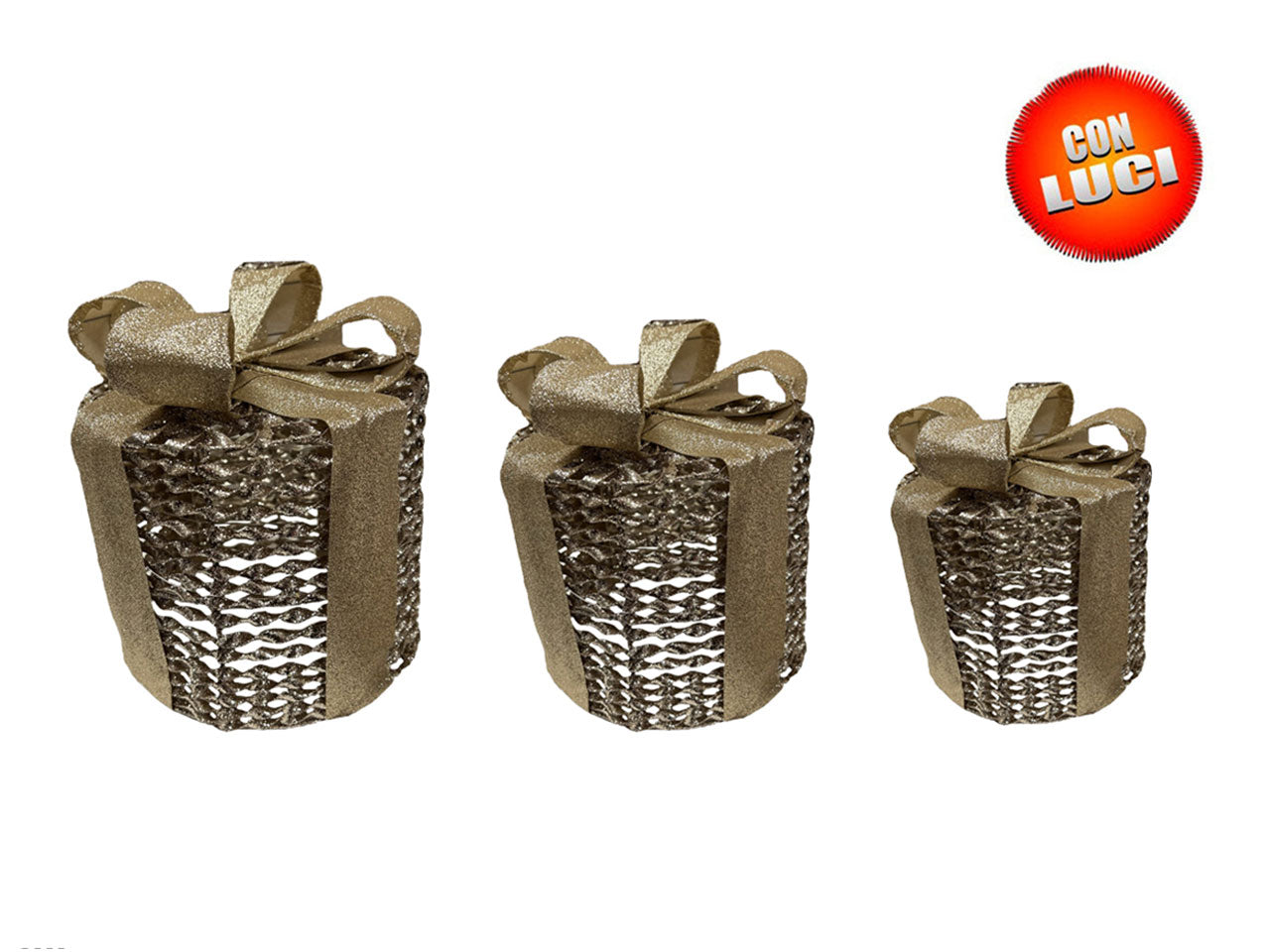 Pacco regalo colore champagne - set da 3 pacchi forma rotonda con luce misura 15cm 20cm 25cm