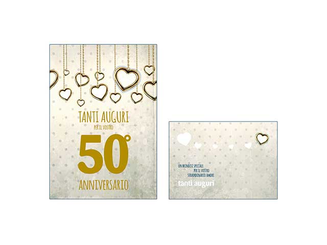 biglietto anniversario felice cinquantesimo grigio con scritte oro
