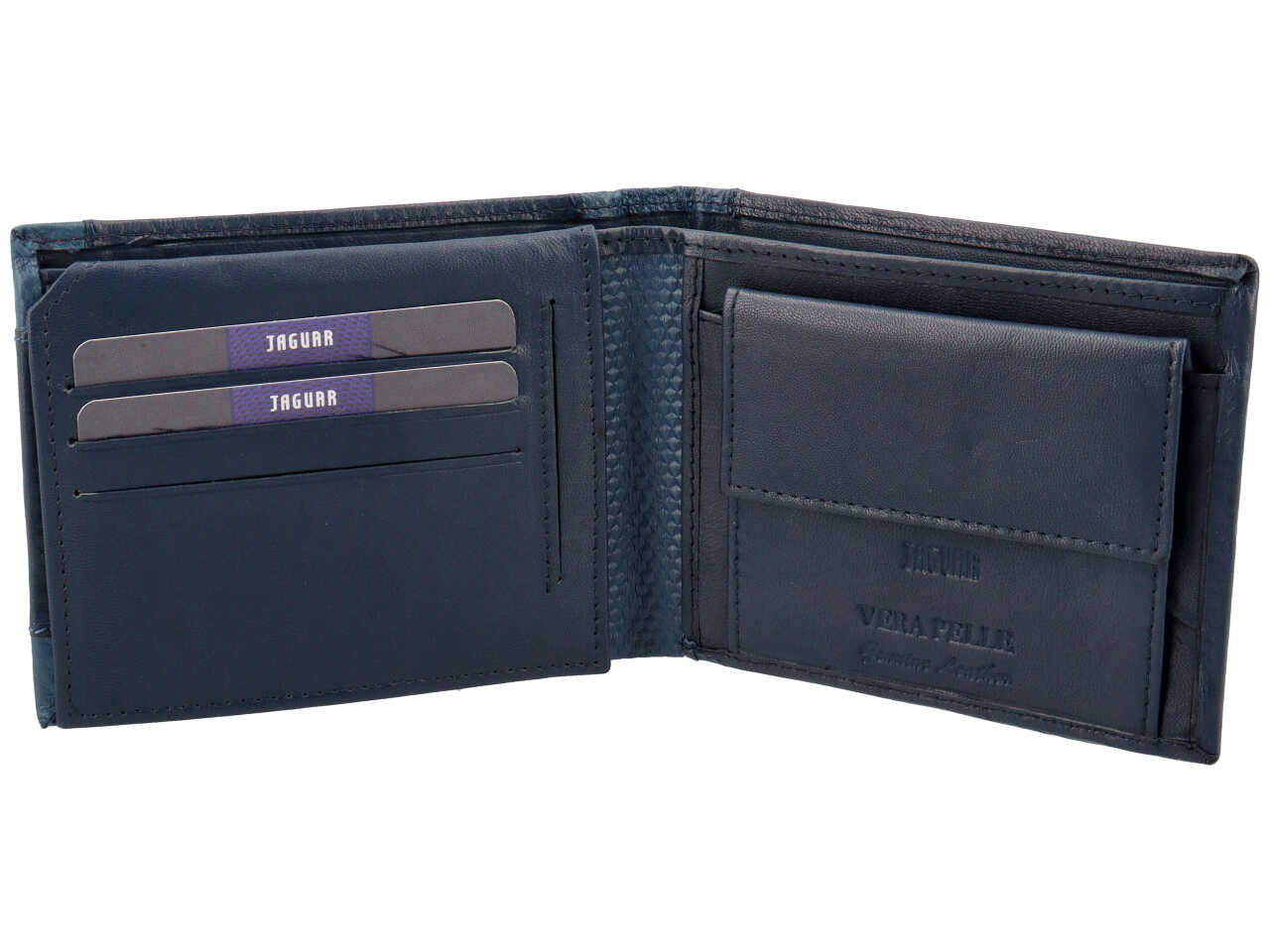 Portafoglio uomo jaguar doppia patta piu' moneta in vera pelle colore blu 11x6,5cm
