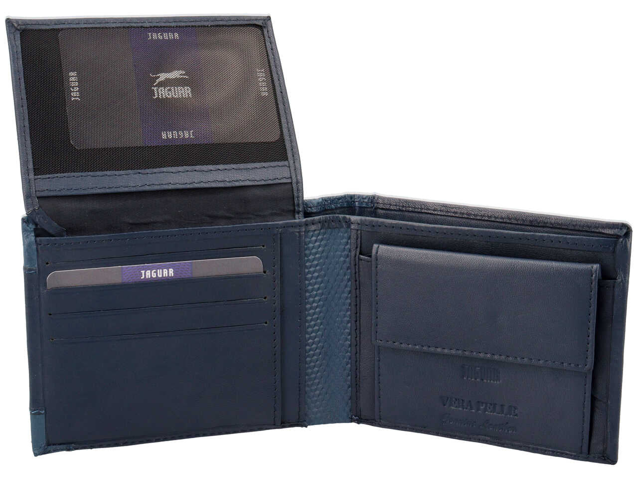 Portafoglio uomo jaguar doppia patta piu' moneta in vera pelle colore blu 11x6,5cm