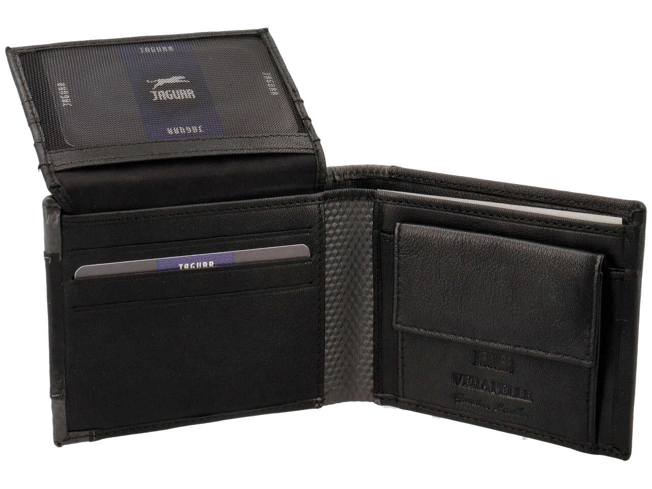Portafoglio uomo jaguar doppia patta piu' moneta piccolo in vera pelle colore nero 11x9cm