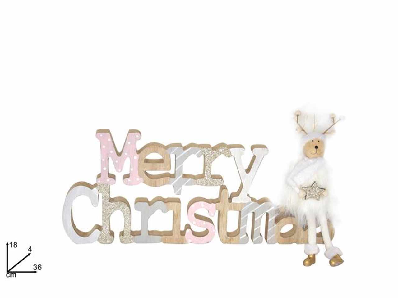 scritta legno merry christmas con renna seduta 18x4x36cm