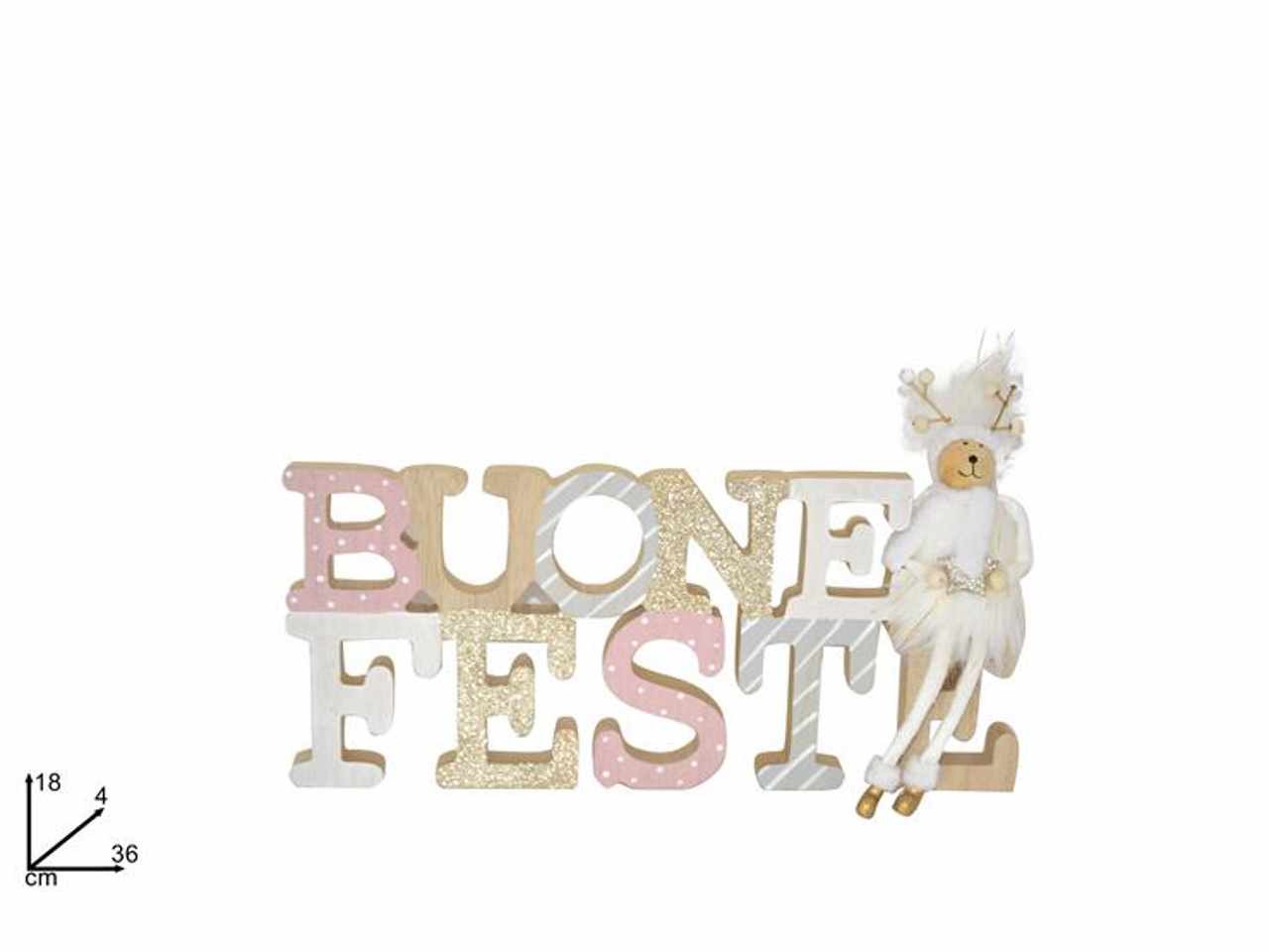 scritta legno buone feste con renna seduta 18x4x36cm