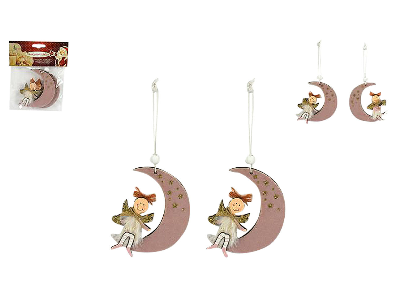 Pendente natalizio angelo su luna rosa 9cm - 2 pezzi
