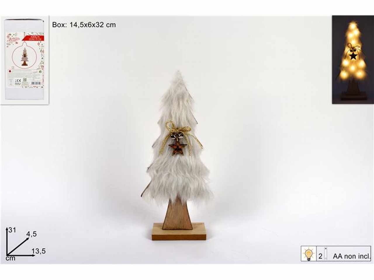 Albero di natale legno con pelliccia 31cm con luci