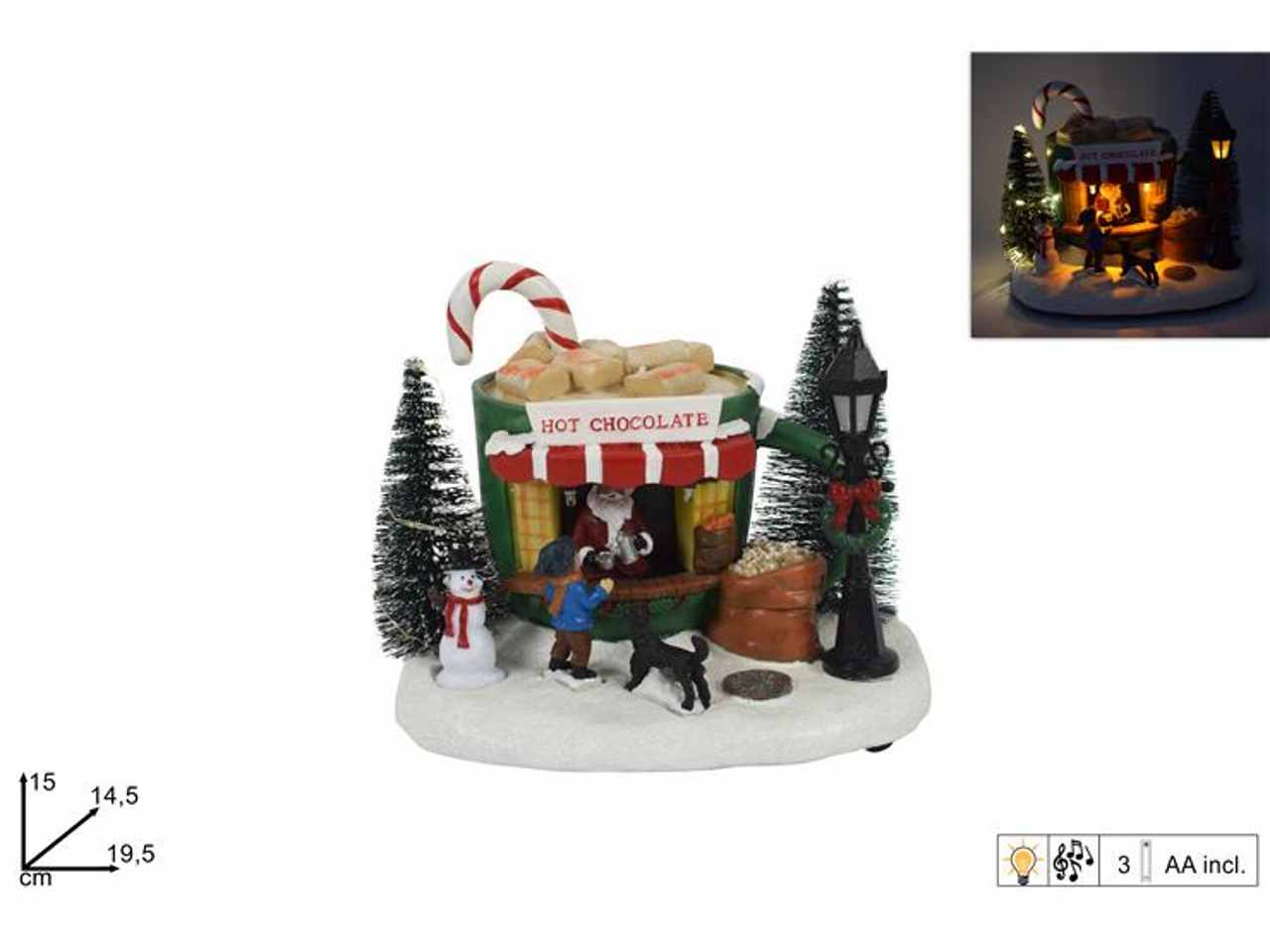 Giostrina natalizia venditore hot chocolate luci e suoni 15x14,5x19,5cm