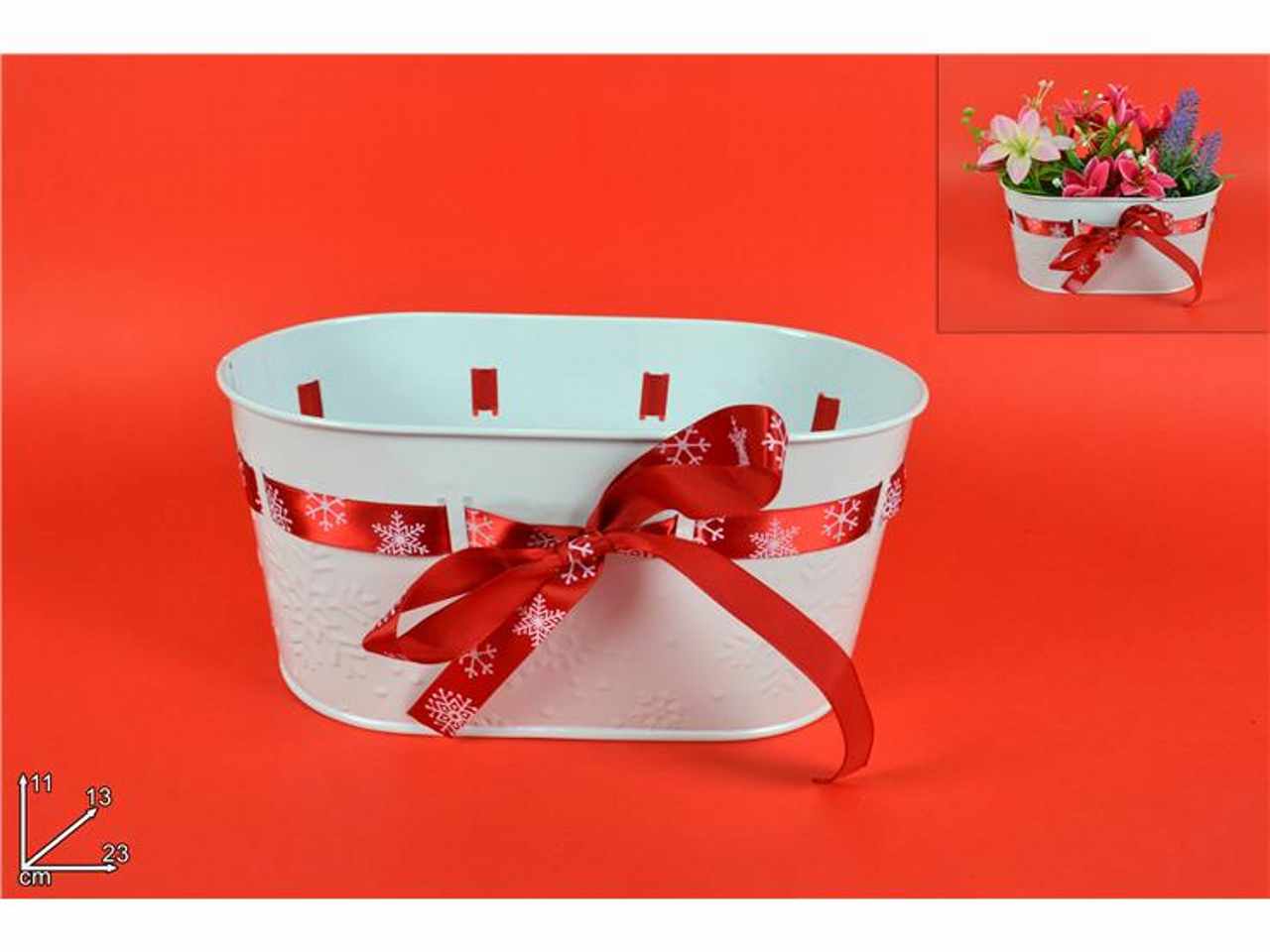 Portapianta metallo bianco con nastro natalizio 11x13x23cm