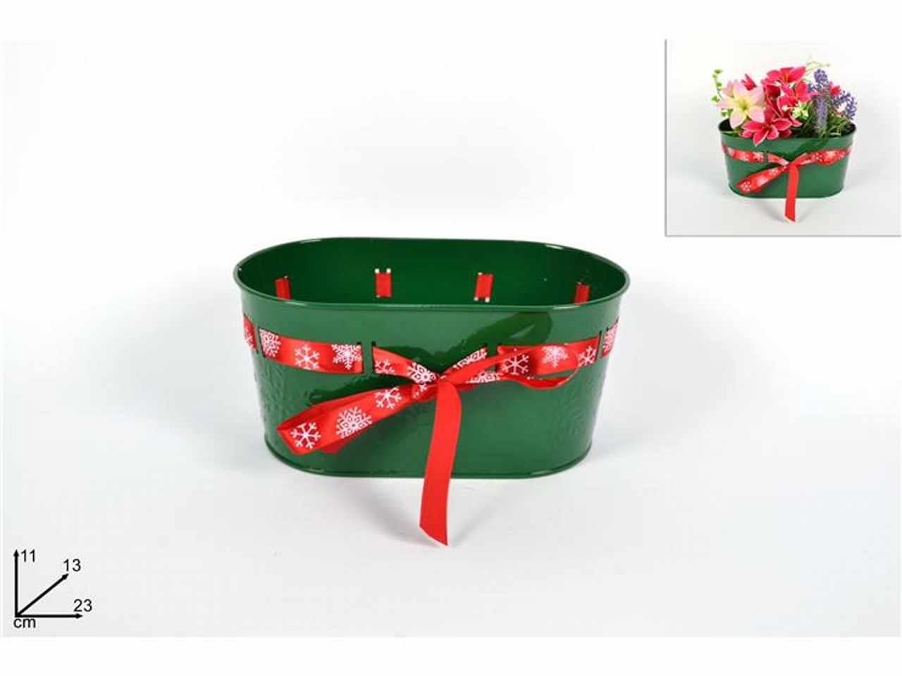 Portapianta metallo verde con nastro natalizio 11x13x23cm