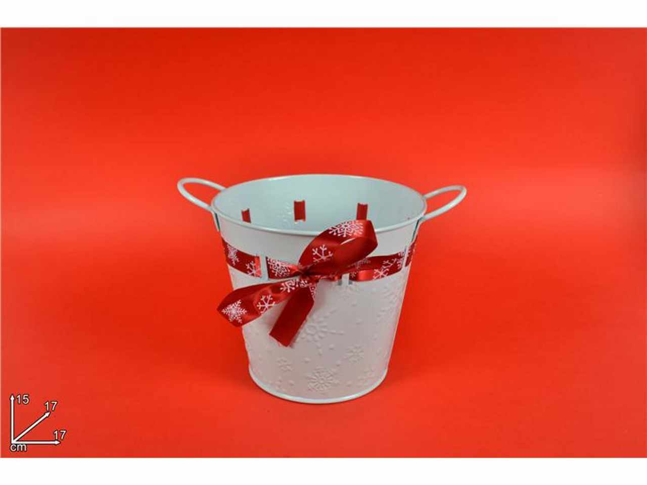 Secchio metallo bianco con nastro natalizio 15x17x17cm