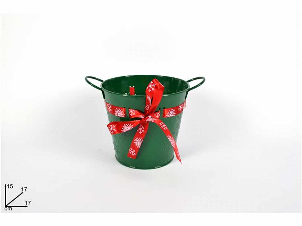Secchio metallo verde con nastro natalizio 15x15x17cm