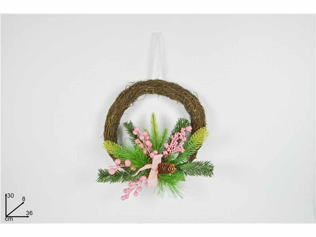Dietroporta tondo 30cm legno bacche rosa+fiocco rosa