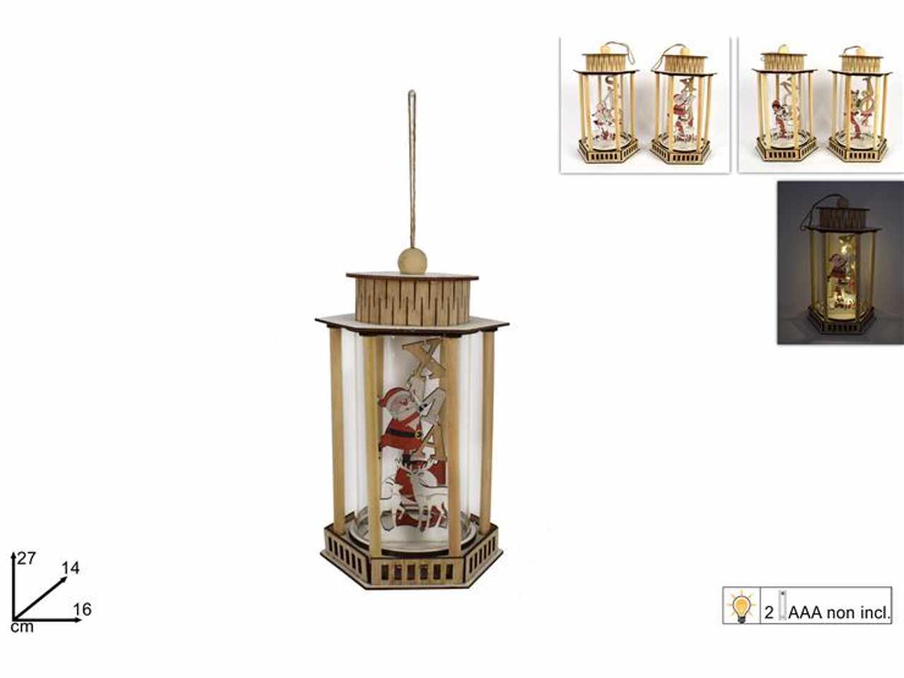 Lanterna legno esagonale con personaggi con luce batteria 27x14x16cm